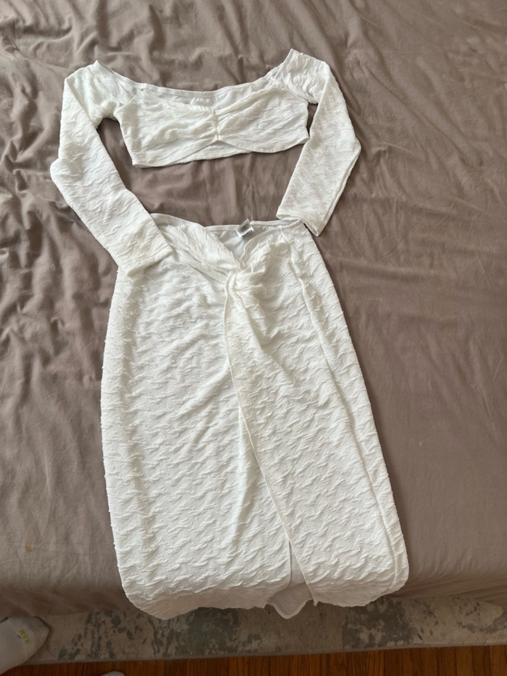 SHEIN White Two-Piece Long Sleeve Crop Top and Tie-Front Midi Skirt